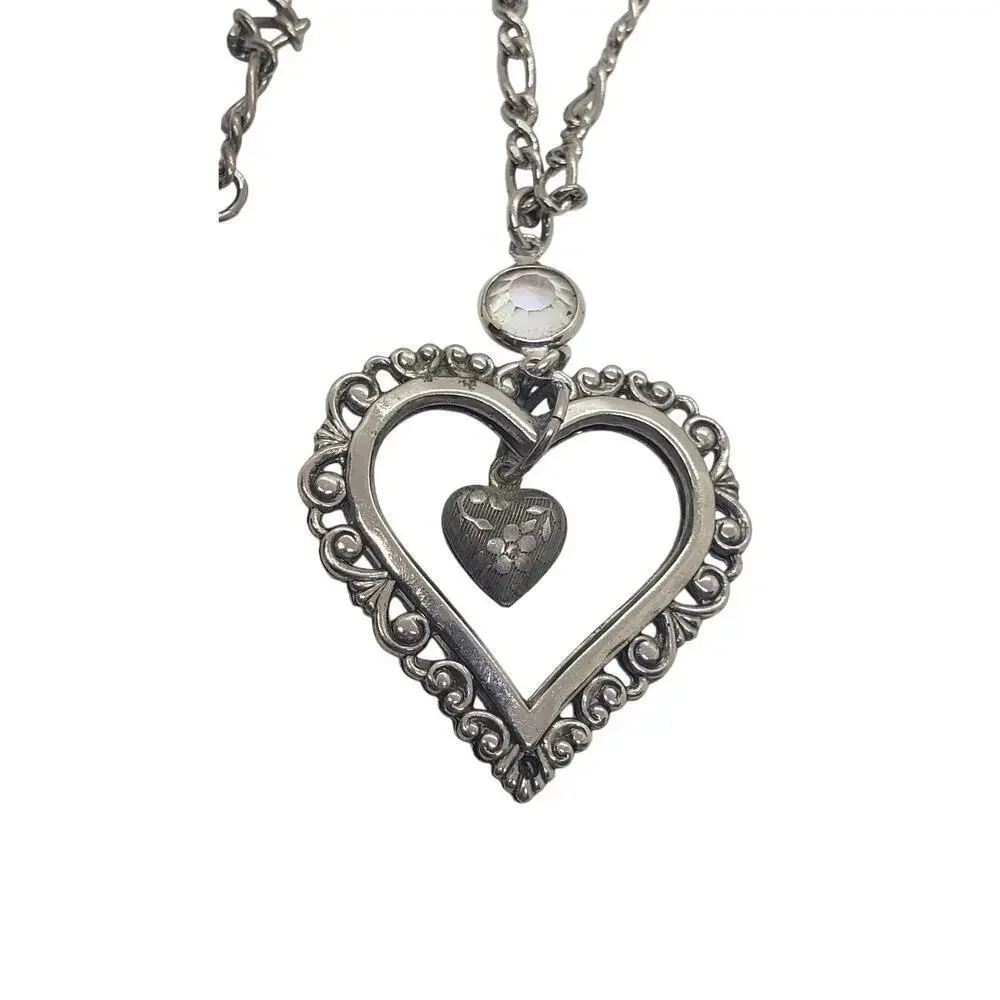 Vintage Puffy Heart Necklace Silver Filigree Ornate Openwork Swarovski Crystal